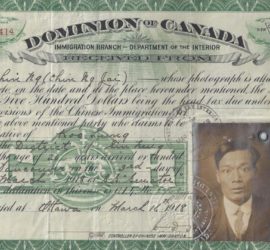 head tax document with green border, text, stamps, signatures and small photo