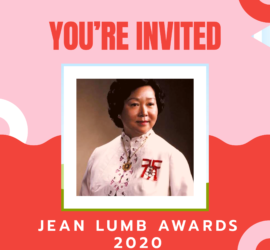 invitation to the 2020 Jean Lumb Awards with portrait of Jean Lumb in the center and an artisitic pink and red border.